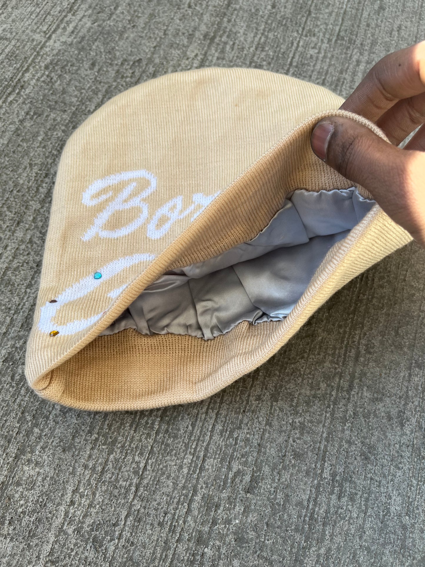 Cream Gemstone B.T.C. Beanie (Satin Lined)